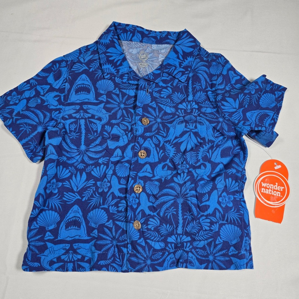 Wonder Nation 12Mo Baby Boys Blue Tropical Shark Print Button Down‎ Shirt NWT